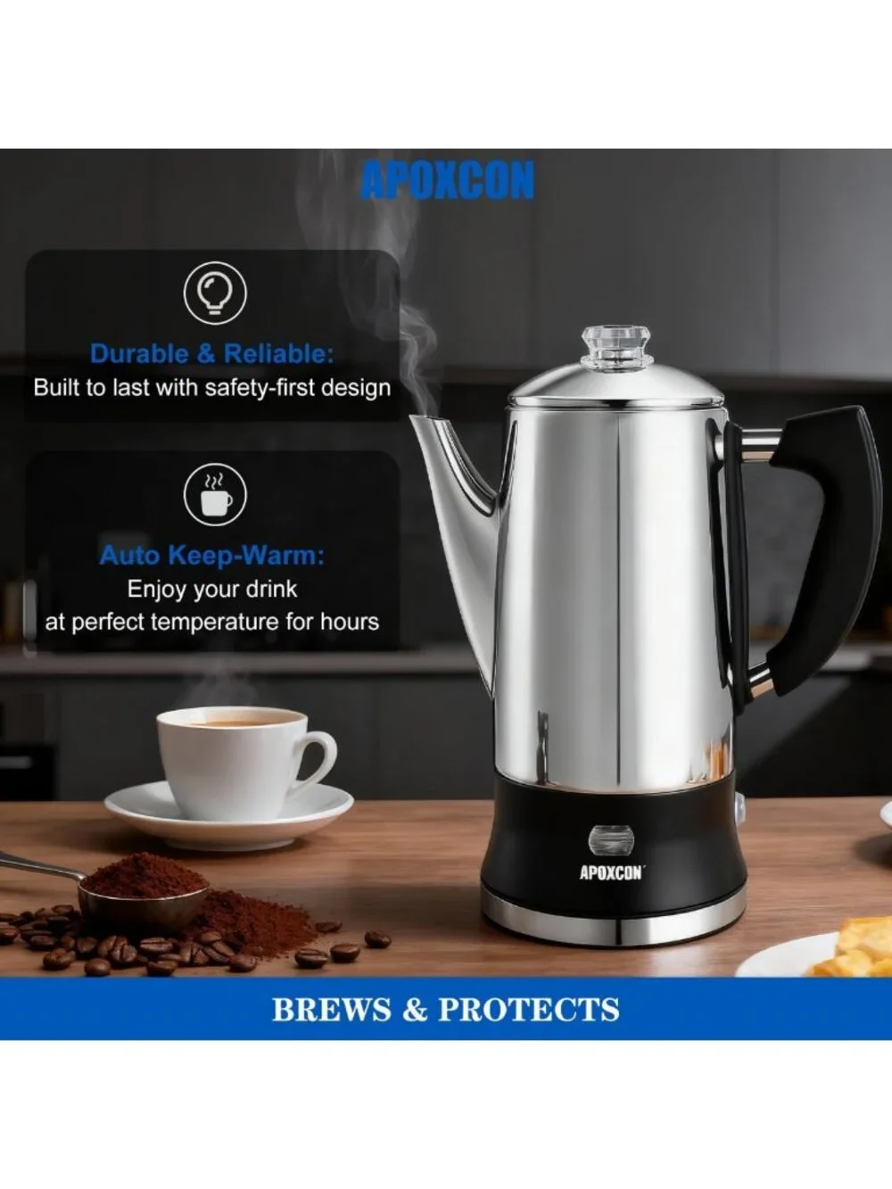 Stainless Steel Electric Coffee Percolator, 12 Cup, Cordless, Automatic Keep